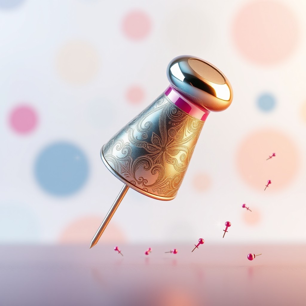 A large, colorful, decorative push pin that appears to be animated, smoothly bobbing up and down against a whimsical background