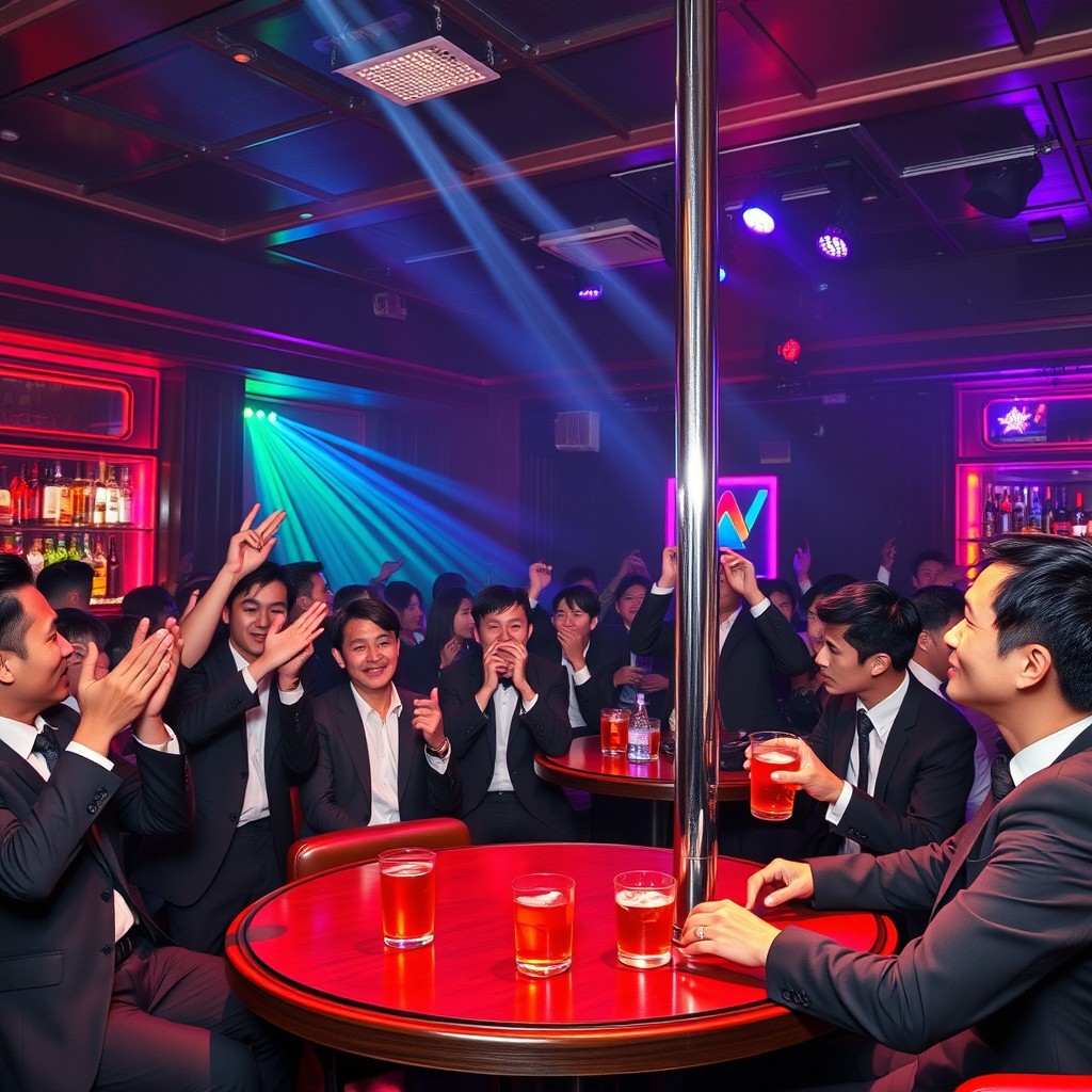 A vibrant nightclub scene featuring a stage with a shiny dance pole