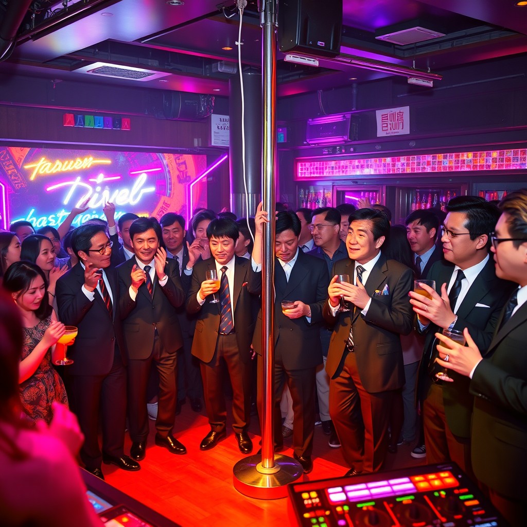 A lively nightclub scene featuring a pole on the stage, where Japanese patrons in stylish businessmen suits are cheering and enjoying drinks