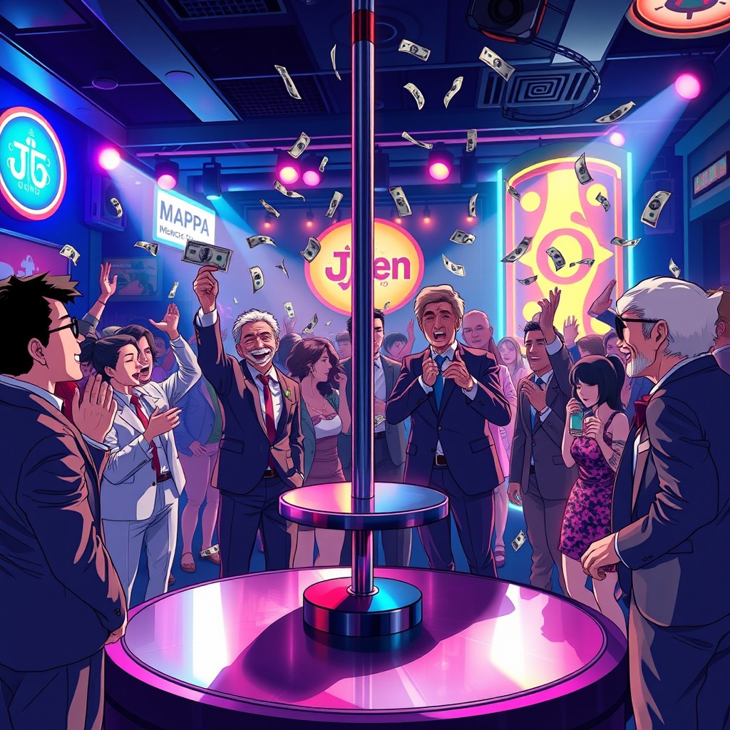 A digital anime background depicting a lively nightclub scene in the style of MAPPA animation
