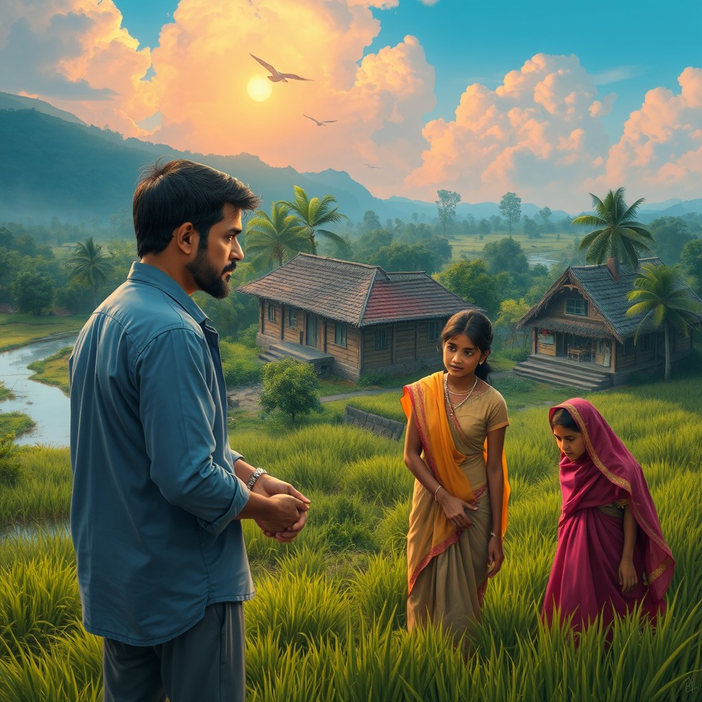 An enchanting literary scene set in rural Bengal, showcasing the beauty of village life through vibrant landscapes and traditional homes