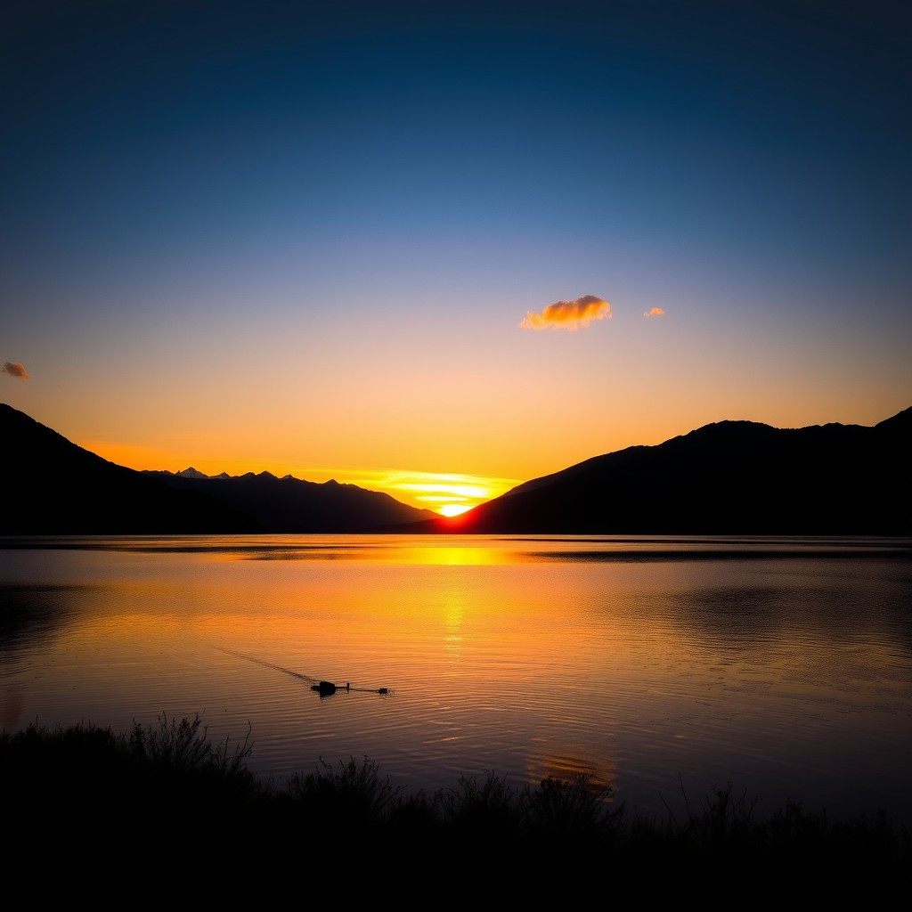A vibrant sunset over a calm lake surrounded by silhouetted mountains, reflecting golden and orange hues on the water