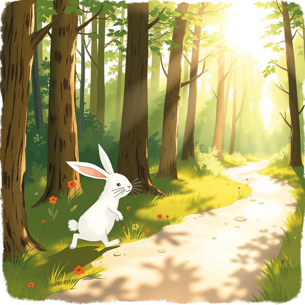 In summer, under the bright sun, a little white rabbit is walking along a forest path with sweat on its face, embodying the warmth of the season
