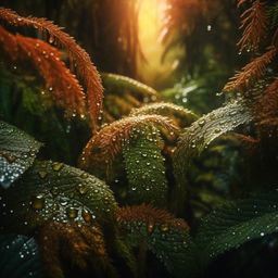 A photorealistic macro image of a tropical forest nature scene with intricate water droplets, serving as a radiant warm-colored backdrop for a contact web page.