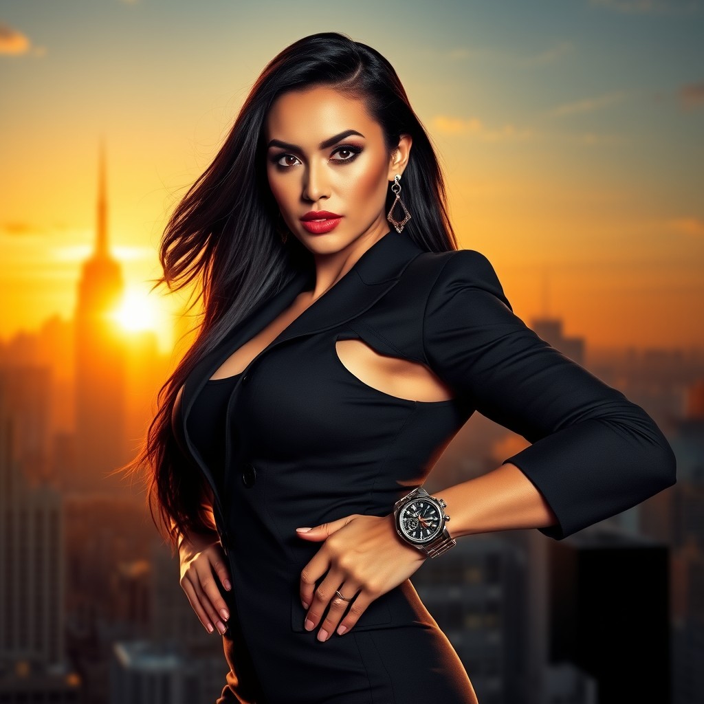 A stunning, powerful woman exuding confidence and strength, standing tall in a dynamic pose