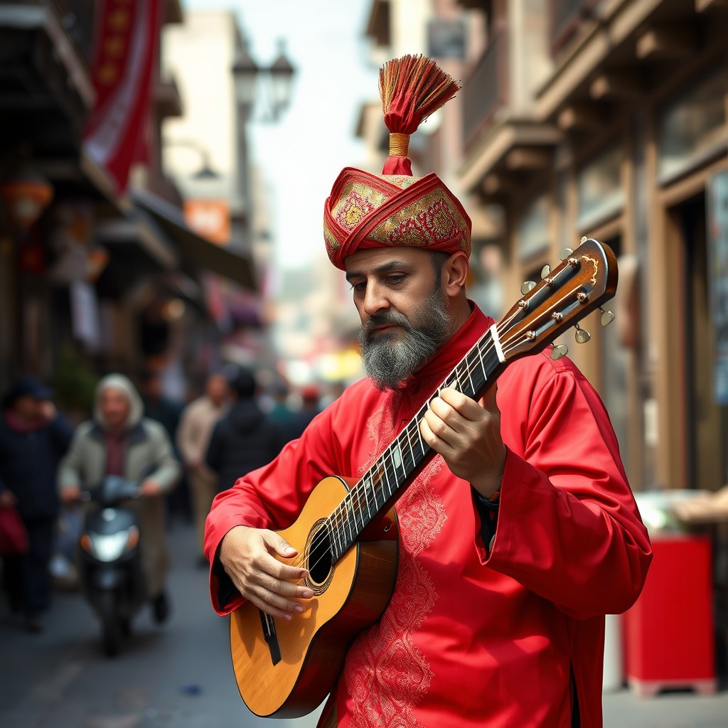A man wearing a vibrant red outfit and a distinctive shapo hat, skillfully playing the tonbak, set against the backdrop of a bustling street in Tehran