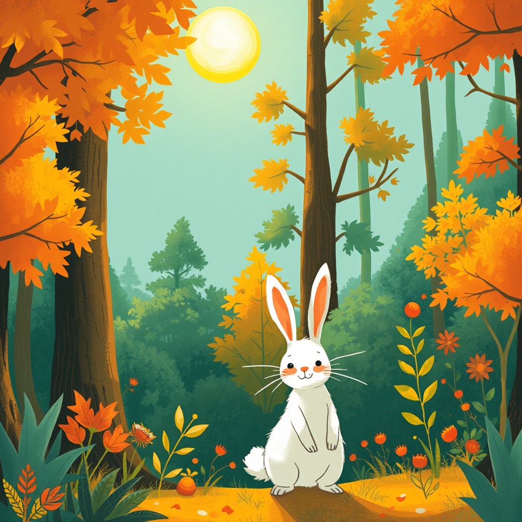 In a sweltering forest, a small white rabbit stands under the bright sunlight, its face radiating with heat