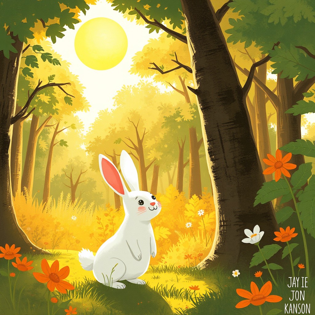In a hot summer forest, a small white rabbit stands in the bright sunlight, its face full of heat and warmth