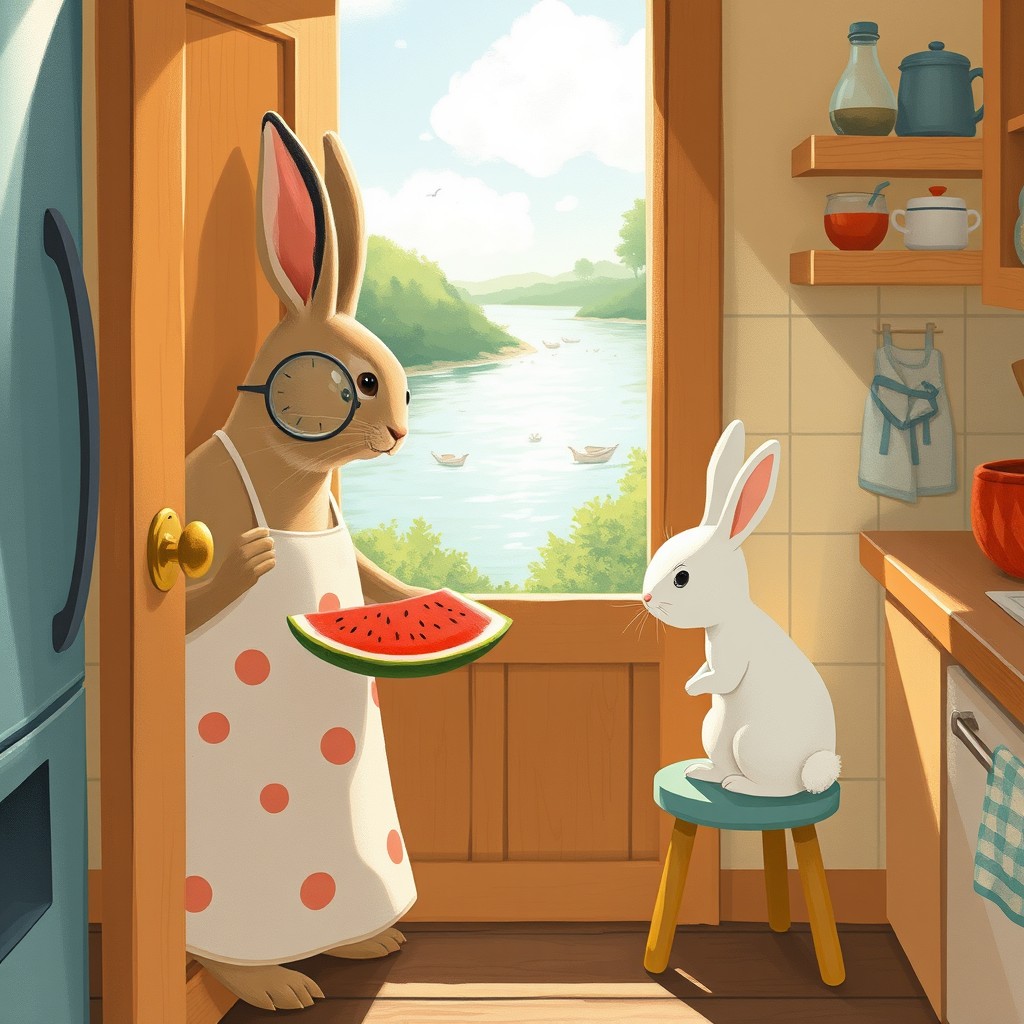 At the kitchen door, a mother rabbit is holding a plate of sliced watermelon, refreshing and inviting