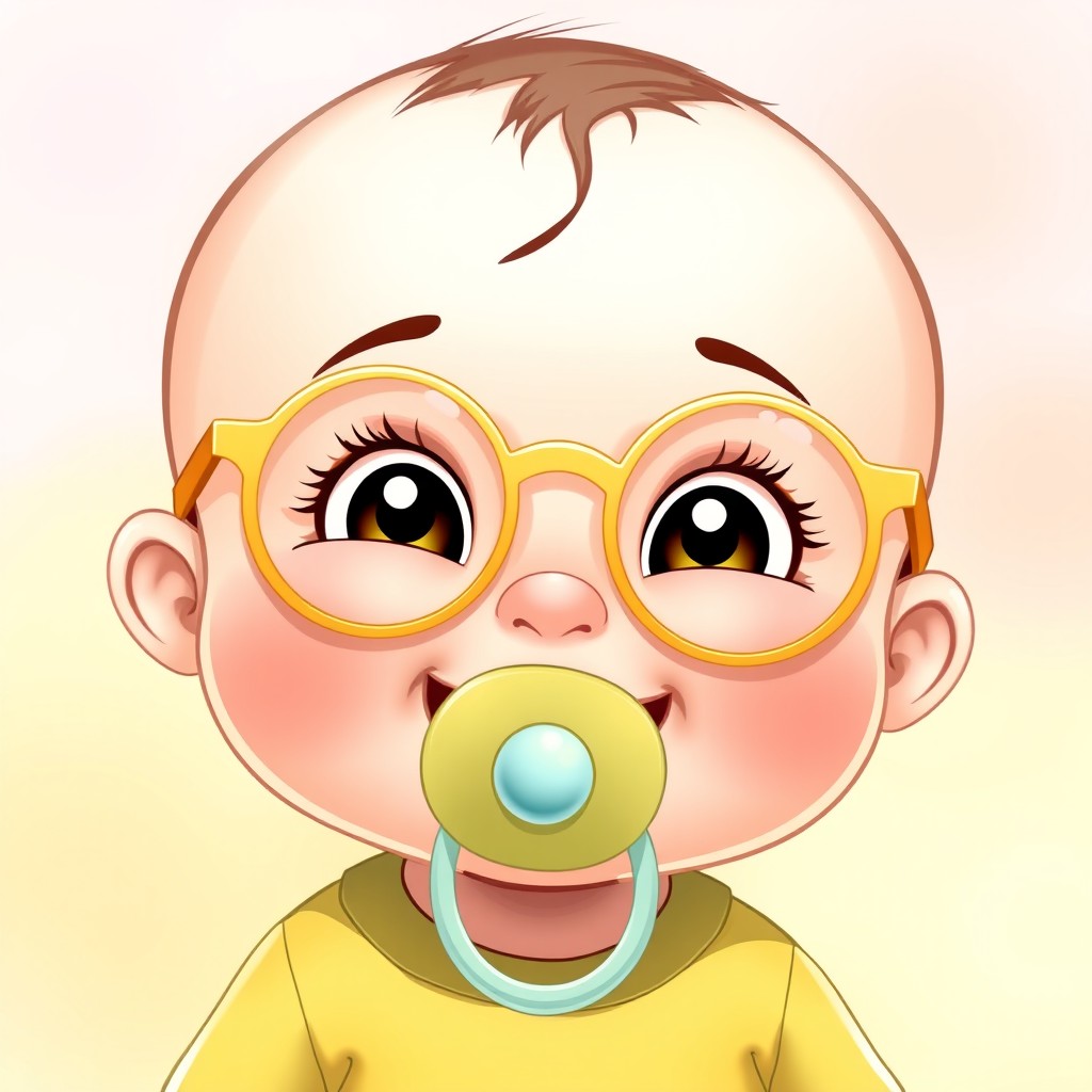 A cute cartoon baby without a pacifier in their mouth, wearing stylish round gold-rimmed glasses