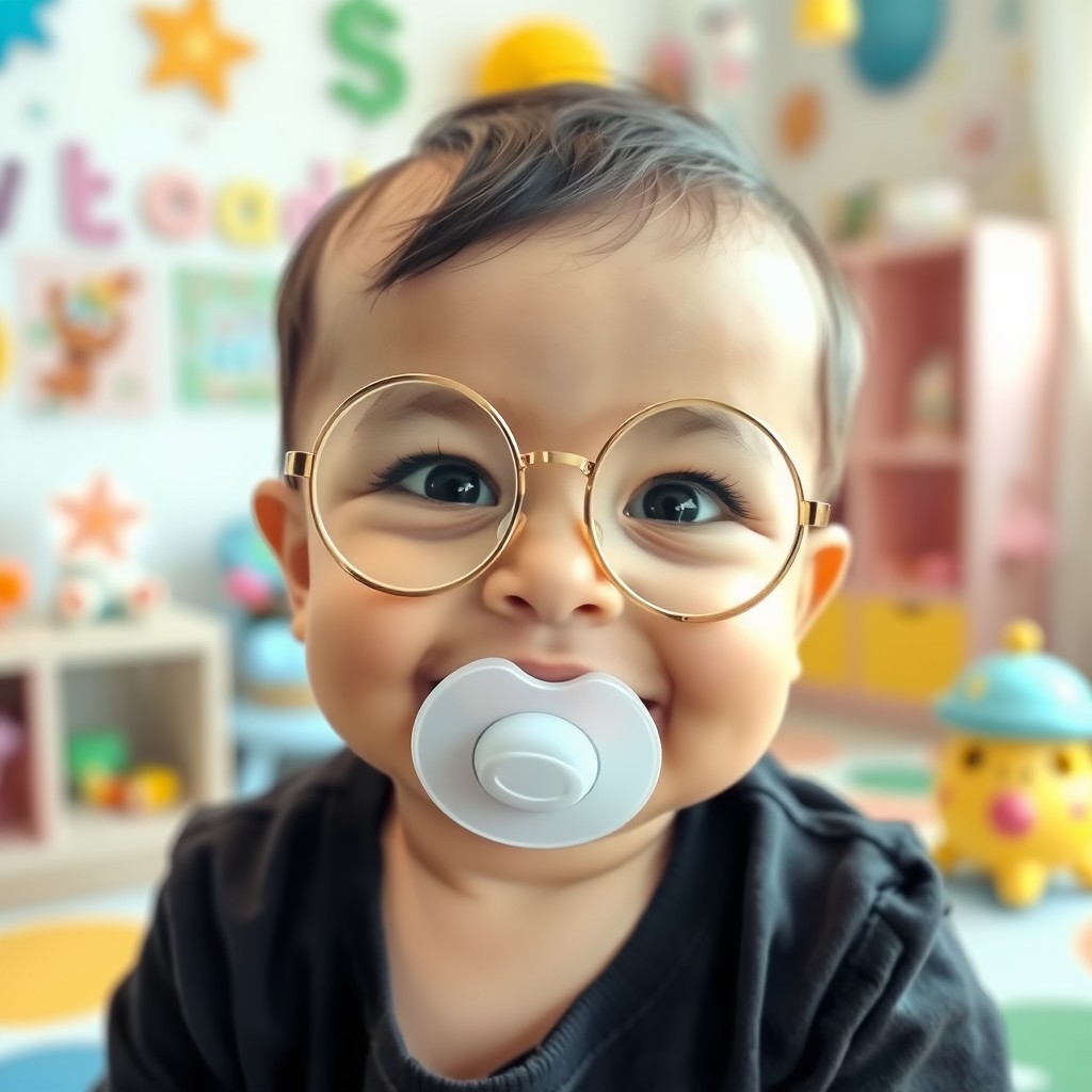 A cute baby wearing a round golden-rimmed glasses, smiling joyfully without a pacifier in their mouth