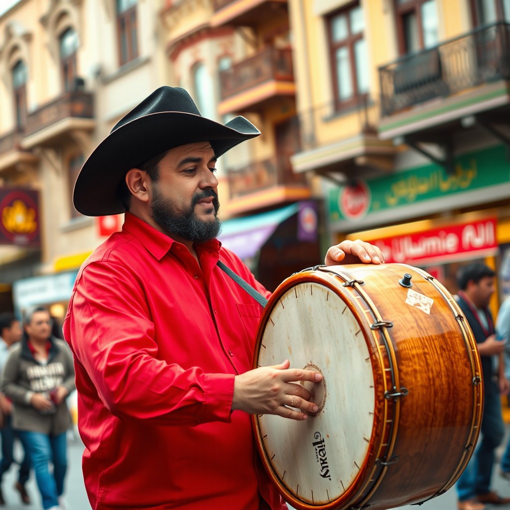 A man wearing a bright red shirt and a sleek black cowboy hat is passionately playing the tombak instrument