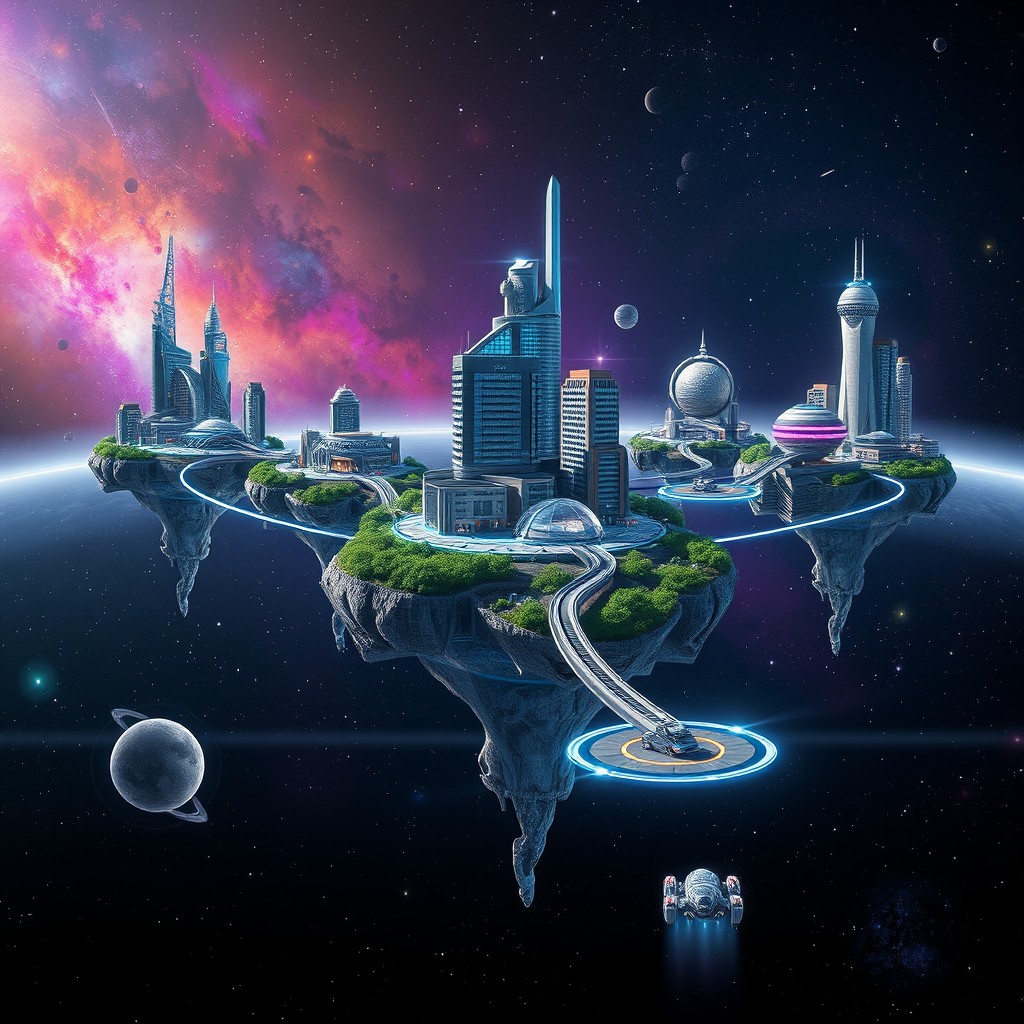 Five floating islands in space, each island topped with a futuristic city featuring sleek buildings and advanced technology