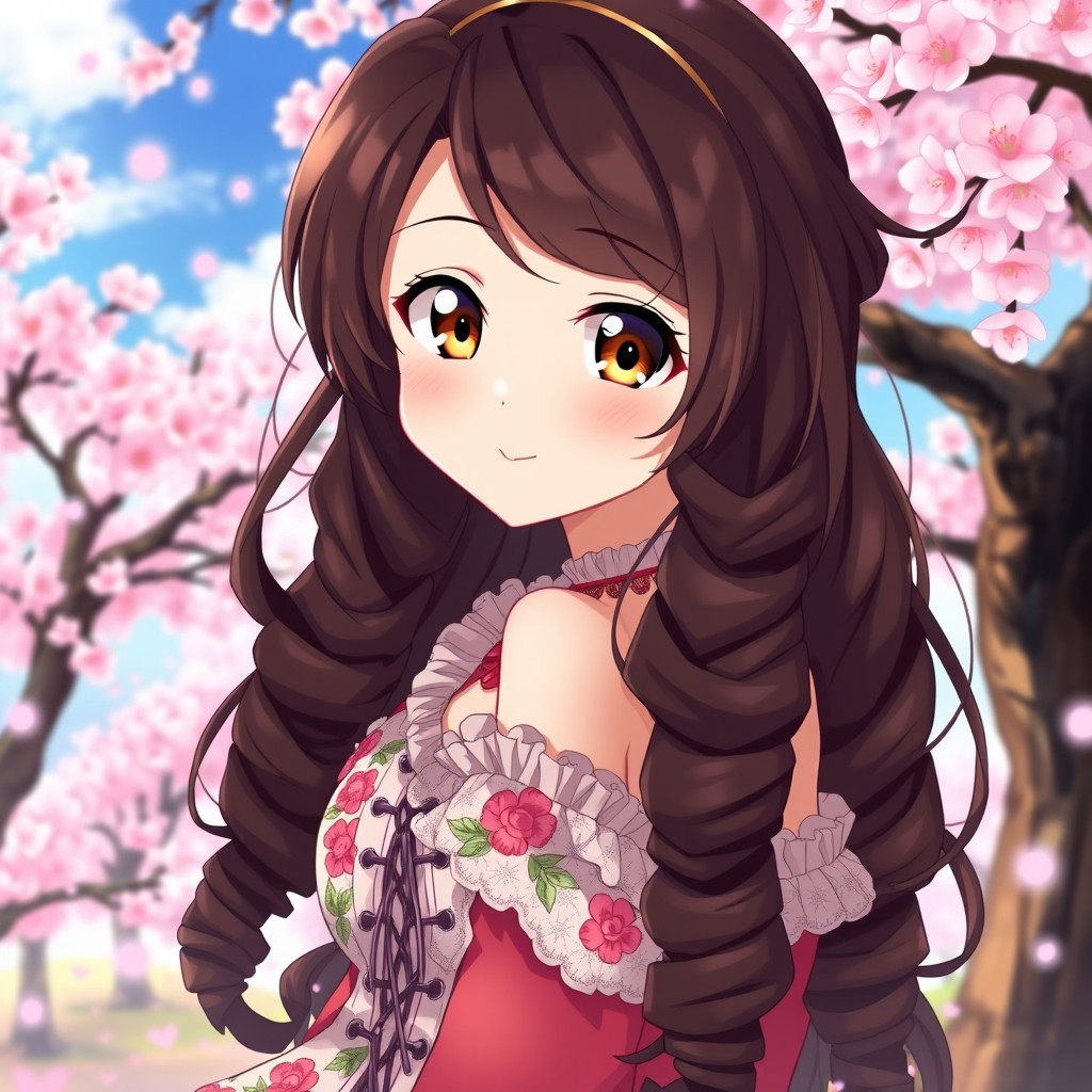 A stunning anime girl with long, curly dark brown hair that cascades down her back and frames her face beautifully