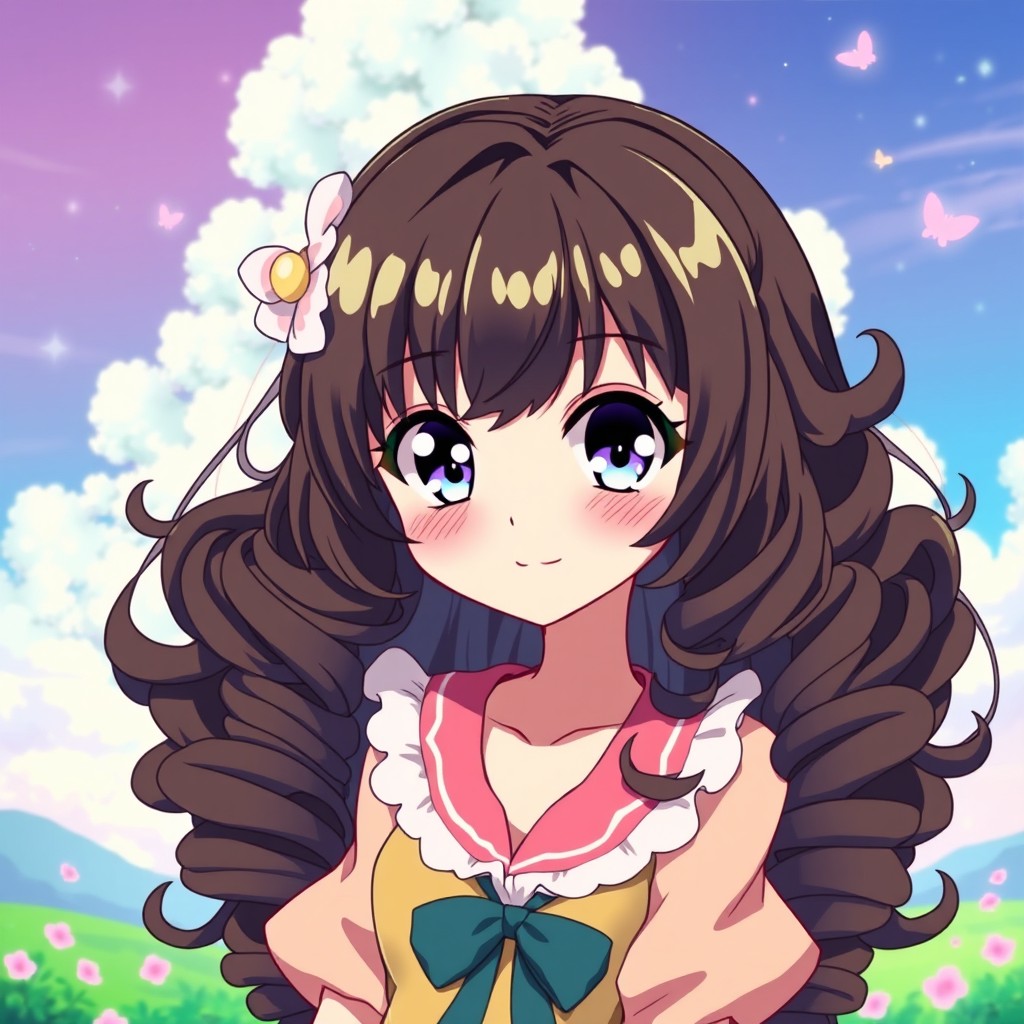 A beautiful anime girl with long, curly dark brown hair, styled elegantly