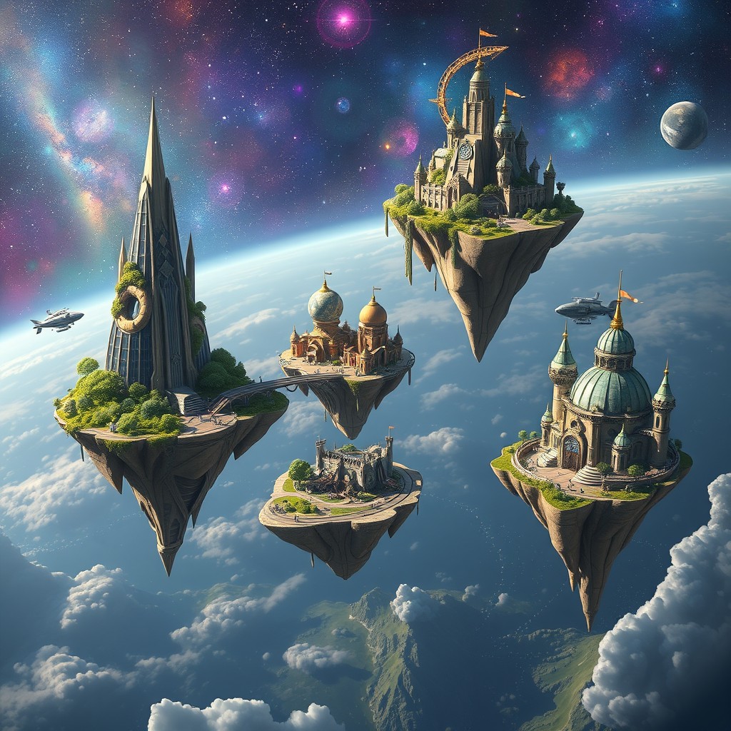 Five floating islands in space, each representing a vibrant kingdom with cities, remnants of a once-united futuristic planet
