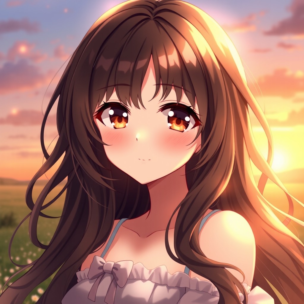 An enchanting anime girl with long, dark brown wavy hair that elegantly flows around her shoulders