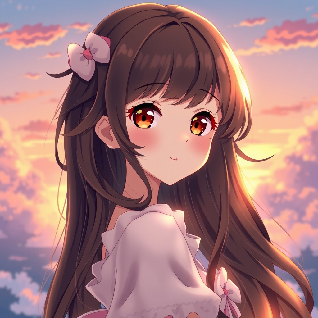 An enchanting anime girl with long, wavy and slightly curly dark brown hair that flows gracefully down her back