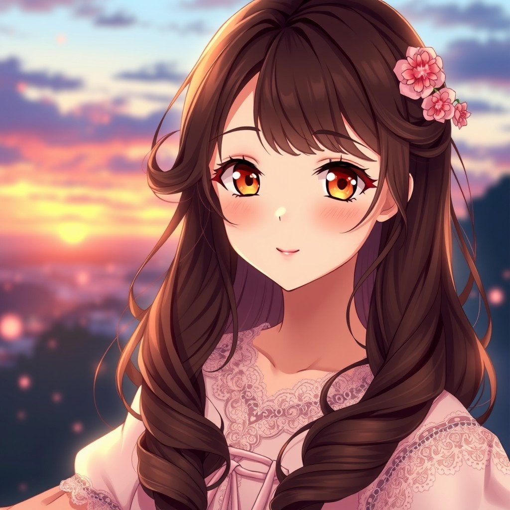 An exquisite anime girl with long, curly dark brown hair that flows elegantly around her shoulders