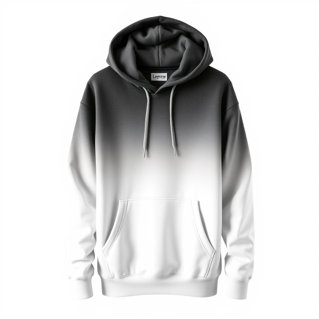 A stylish and modern grey and white gradient hoodie, featuring a smooth transition from deep charcoal grey at the top to a soft white at the bottom