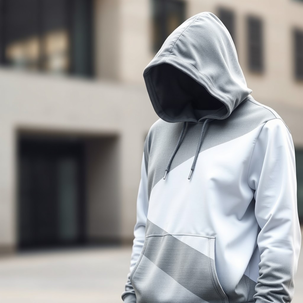 A stylish white and grey jersey hoodie featuring a smooth gradient design, crafted from a breathable dry-fit material