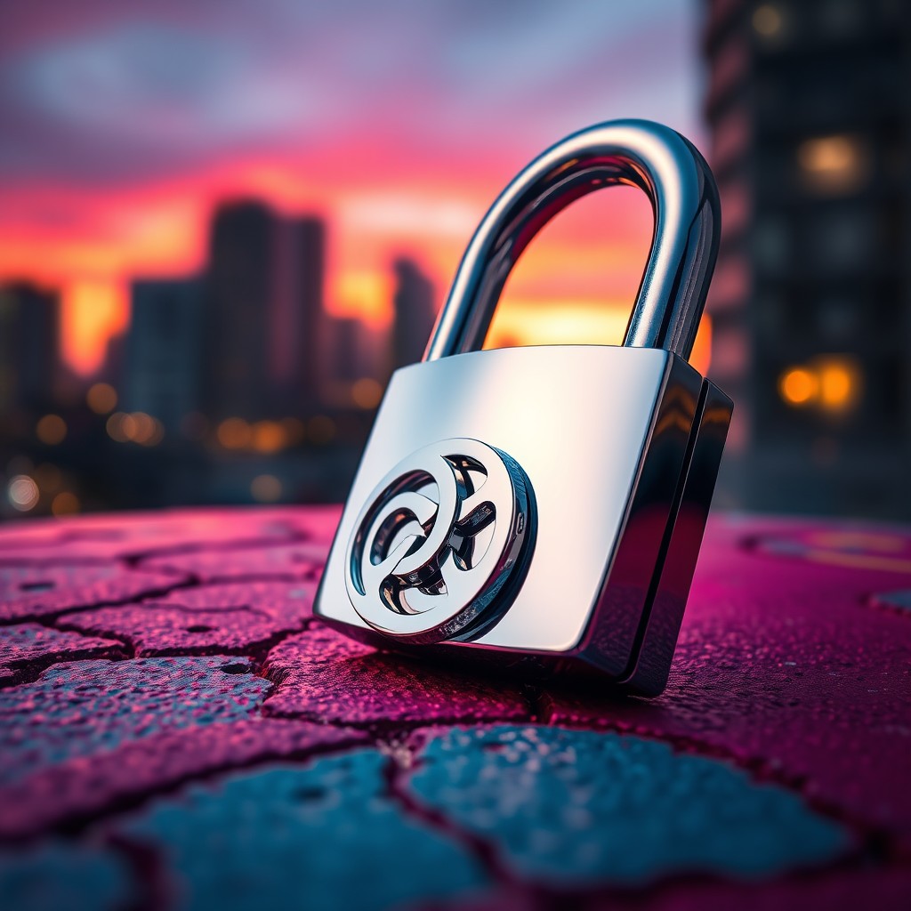 A stunning close-up of a sleek, modern padlock with an intricate design, made of gleaming chrome