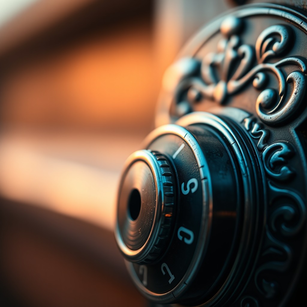 A stunning close-up shot of an intricately designed combination lock with ornate patterns and metallic sheen, glistening under soft evening light