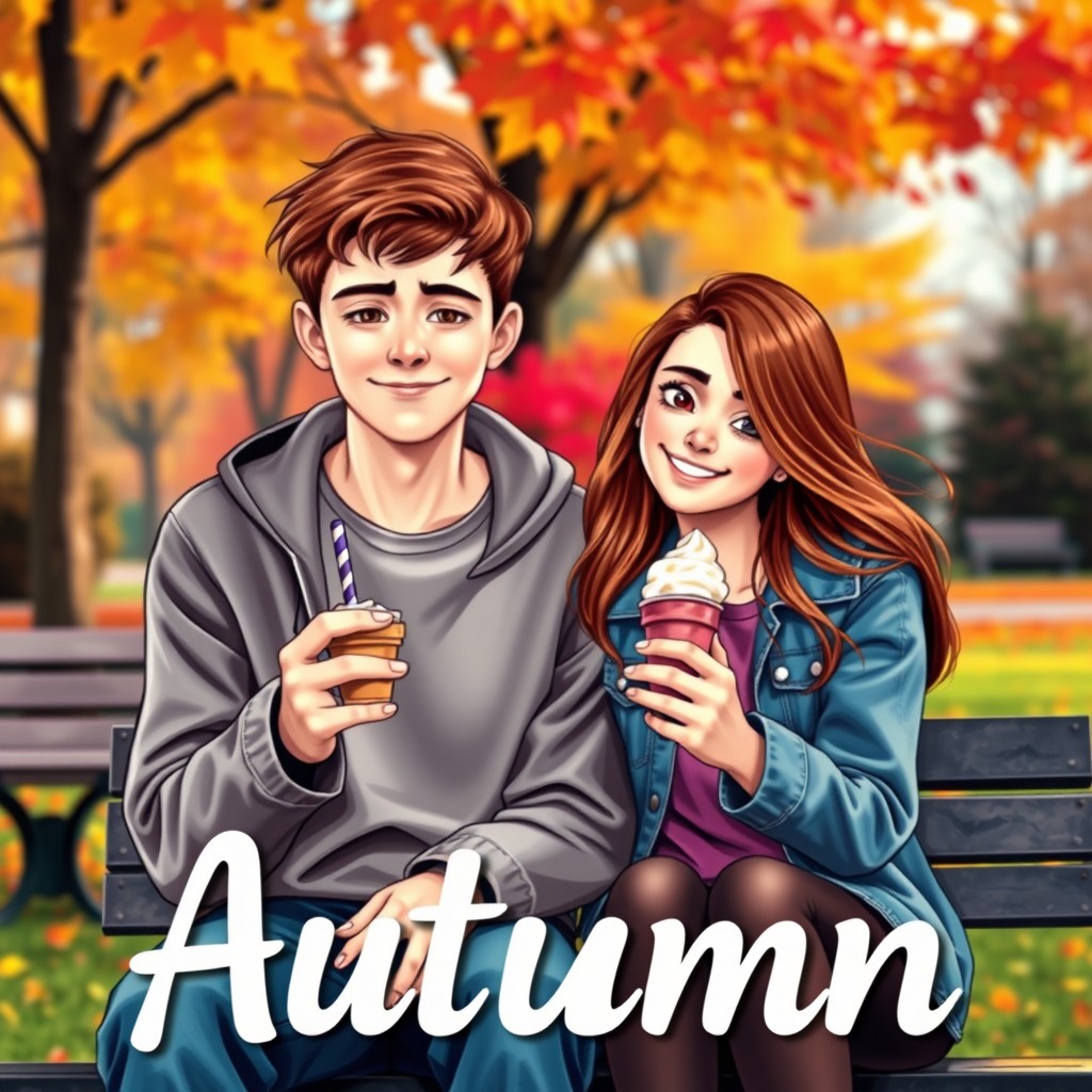 A vibrant book cover featuring a teenage couple sitting in a colorful autumn park, sharing ice cream together