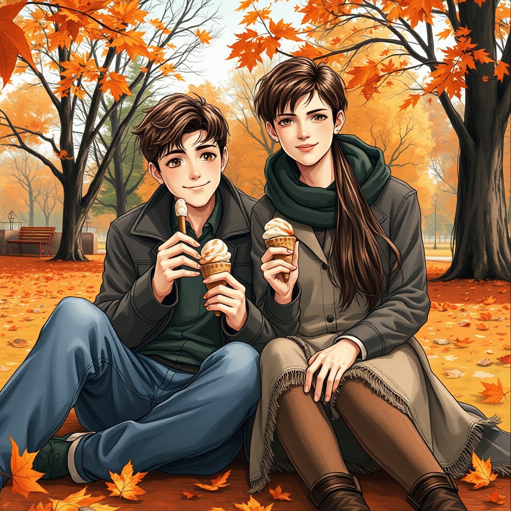 A highly realistic western-style drawing capturing a teenage couple sitting closely together in a picturesque autumn park, sharing ice cream