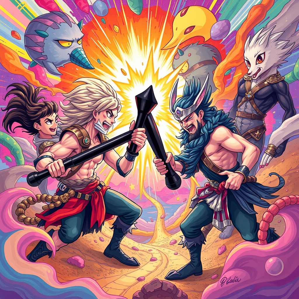 A vibrant and surreal illustration depicting a lively battle scene between bisexual warriors