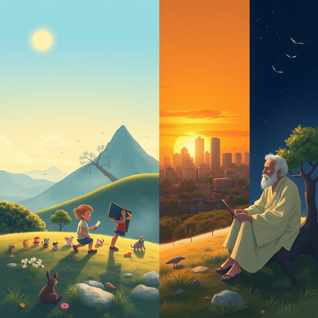A visual representation of personal evolution, depicting a serene landscape that transitions through four distinct stages of life: childhood, adolescence, adulthood, and old age