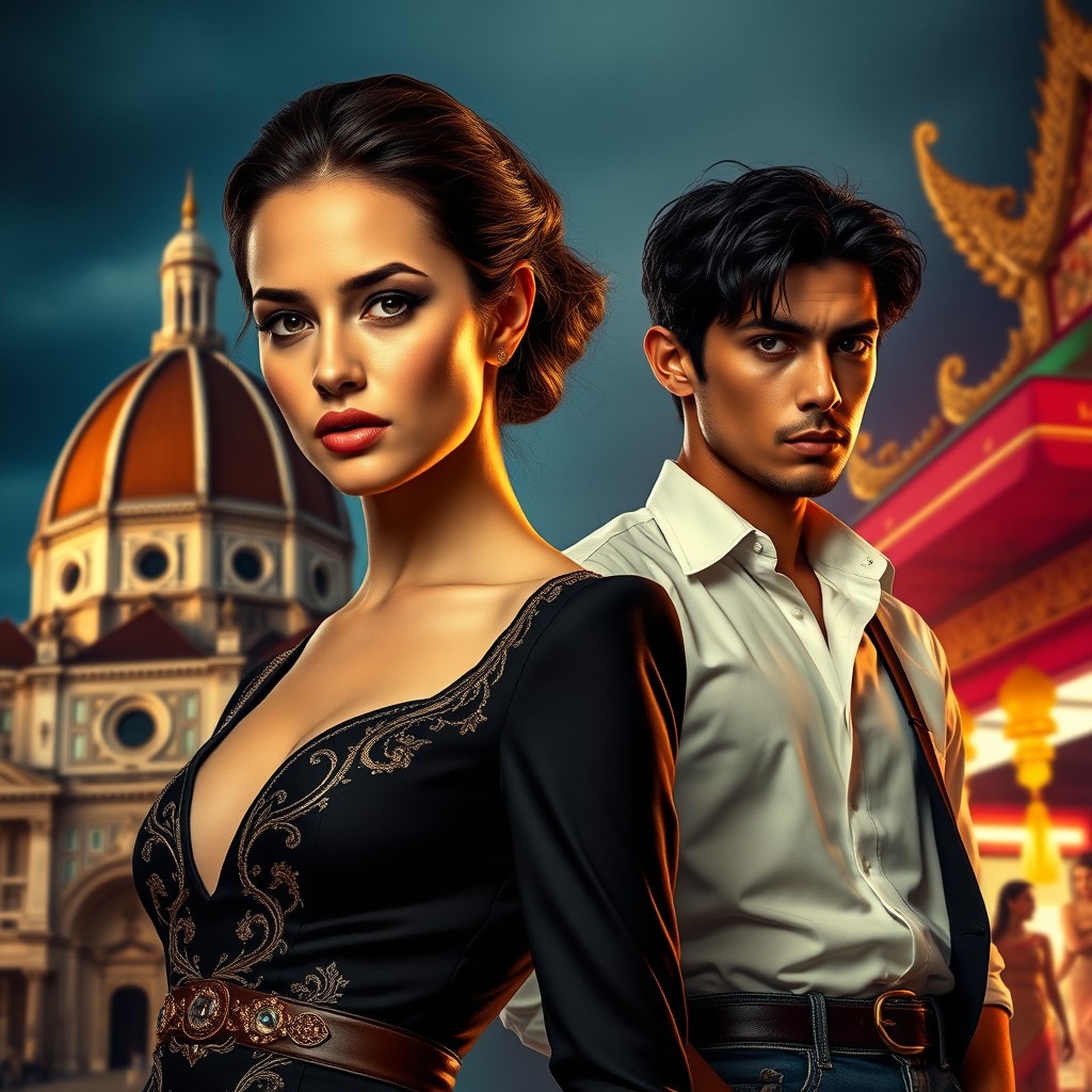 An elegant 24-year-old woman in high fashion attire, wearing a black dress with golden details or a tailored suit, showcases an intense expression that blends arrogance and vulnerability