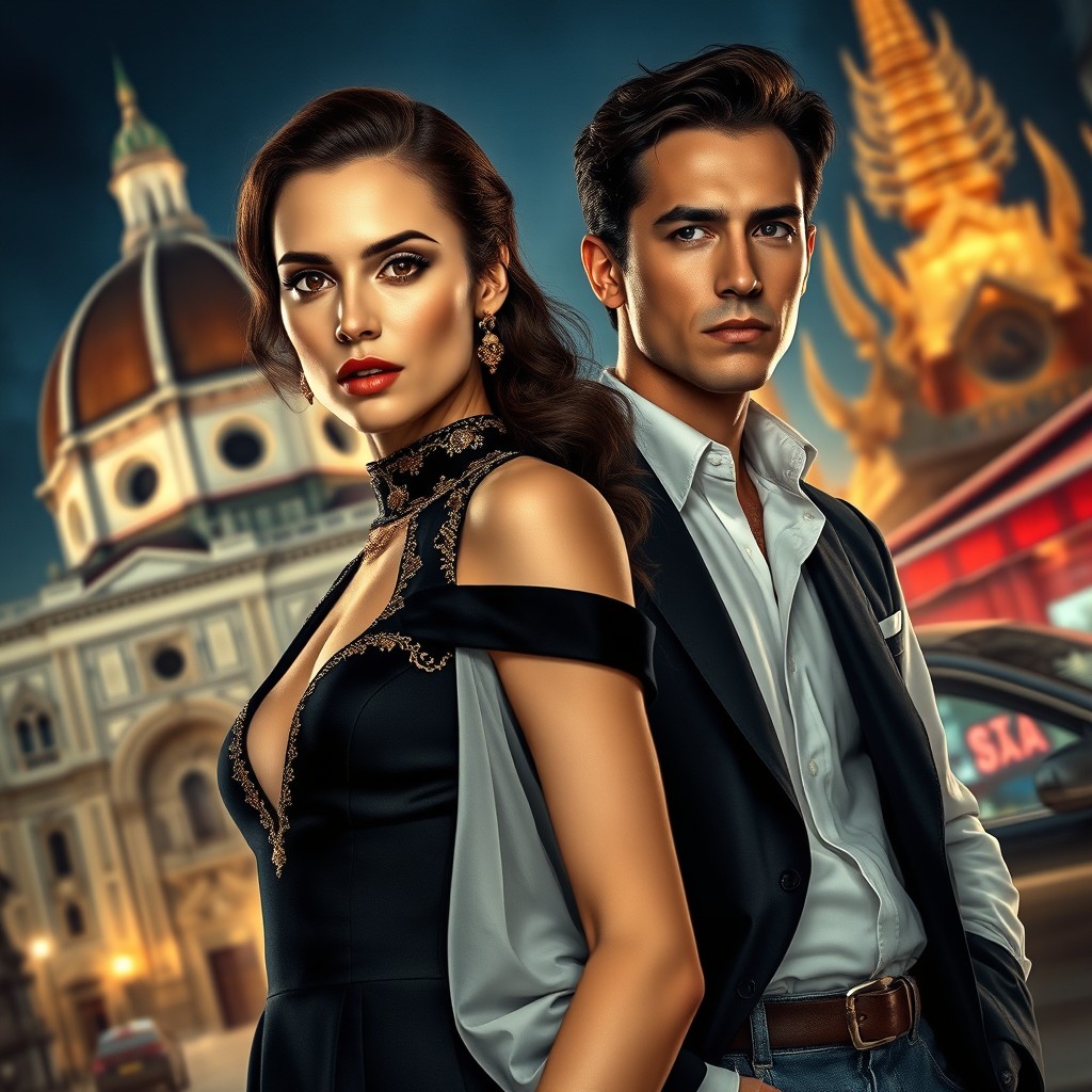 A 24-year-old elegant female protagonist wearing haute couture, featuring a black dress with golden details or a tailored suit that combines an intense expression of both arrogance and vulnerability