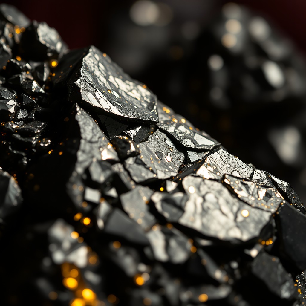 A stunning close-up of black gold, emphasizing its luxurious and rich texture, showcasing glimmering facets of the dark, coal-like substance under bright light, with a backdrop of elegant deep hues