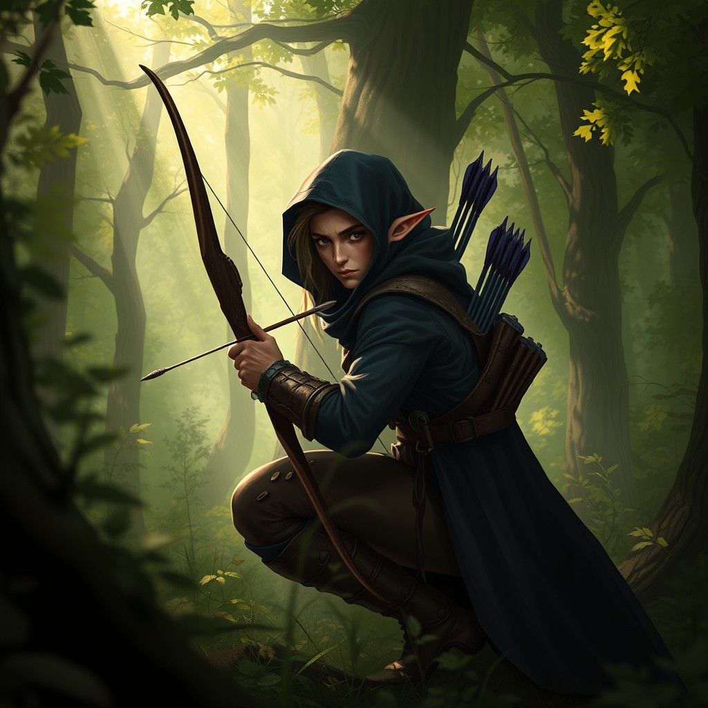 A half-elf rogue crouched in a dense forest, cloaked in dark, shadowy fabric