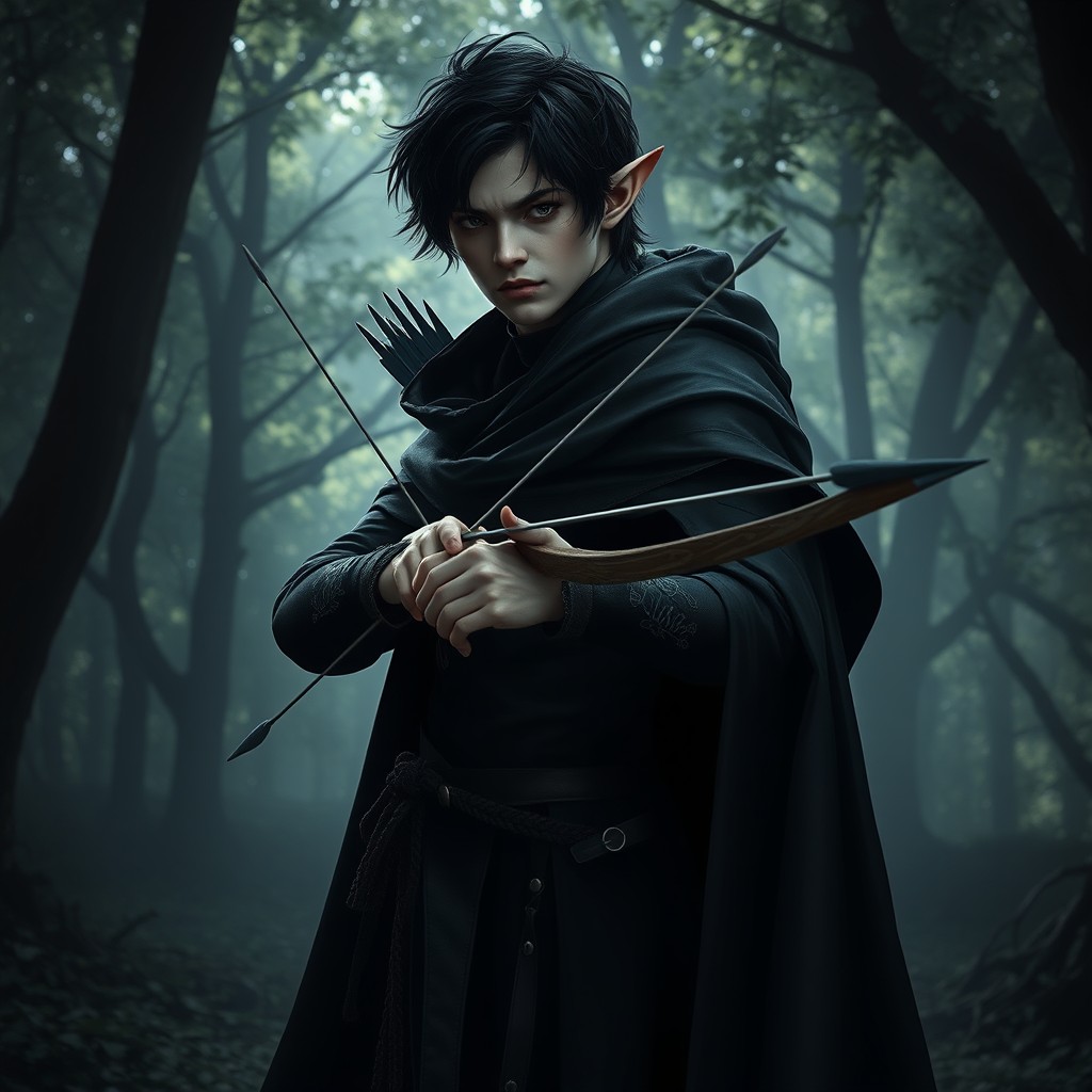 A mysterious half-elf rogue standing in a shadowy forest, draped in a dark, billowing cloak