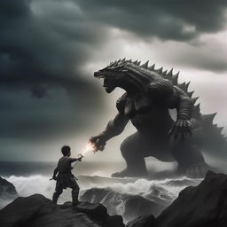 An ultra-realistic scene of a 19-year-old boy dressed in battle armor, engaging Godzilla in combat on a mountain near the sea. Wielding a thunder-generating sword, he fights in a storm with heavy rainfall, clouds and lightning.