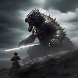 An ultra-realistic scene of a 19-year-old boy dressed in battle armor, engaging Godzilla in combat on a mountain near the sea. Wielding a thunder-generating sword, he fights in a storm with heavy rainfall, clouds and lightning.