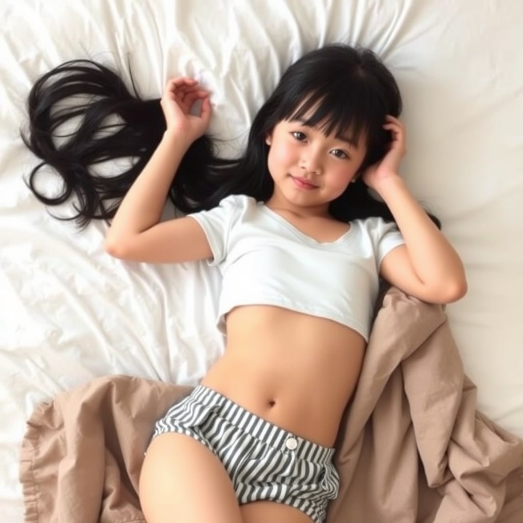 A young and beautiful Asian girl with black hair and a slightly shy expression, lying on a bed in a full-length pose