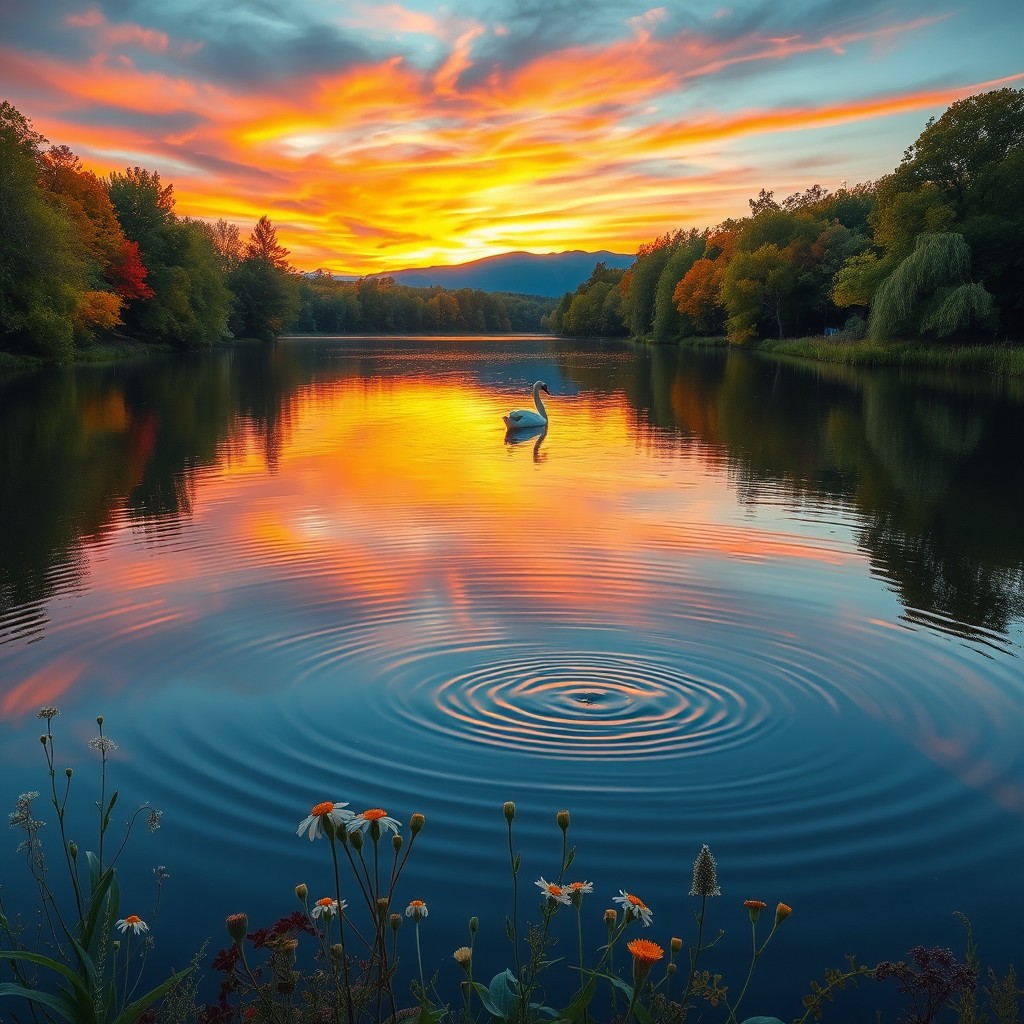 A serene landscape featuring a calm lake surrounded by lush green trees with vibrant autumn leaves, reflecting the colorful sky at sunset