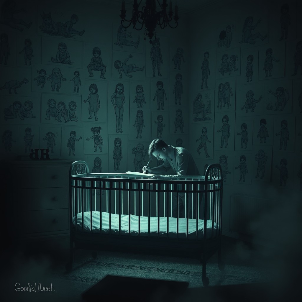 A hauntingly atmospheric scene featuring a mental health patient in a dimly lit room, passionately sketching various eerie toddler drawings that cover the walls