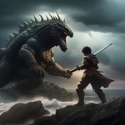 An ultra-realistic scene of a 19-year-old boy dressed in battle armor, engaging Godzilla in combat on a mountain near the sea. Wielding a thunder-generating sword, he fights in a storm with heavy rainfall, clouds and lightning.