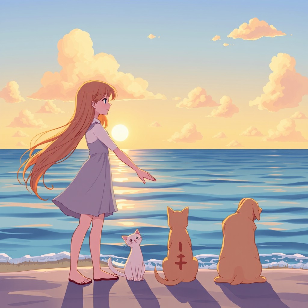 A serene seaside at sunrise with easy clouds lingering in the sky