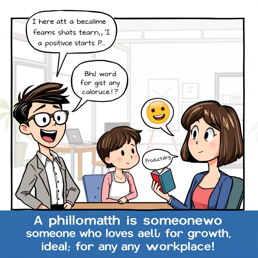 A comic strip illustration depicting two characters in a light-hearted conversation at a modern office setting