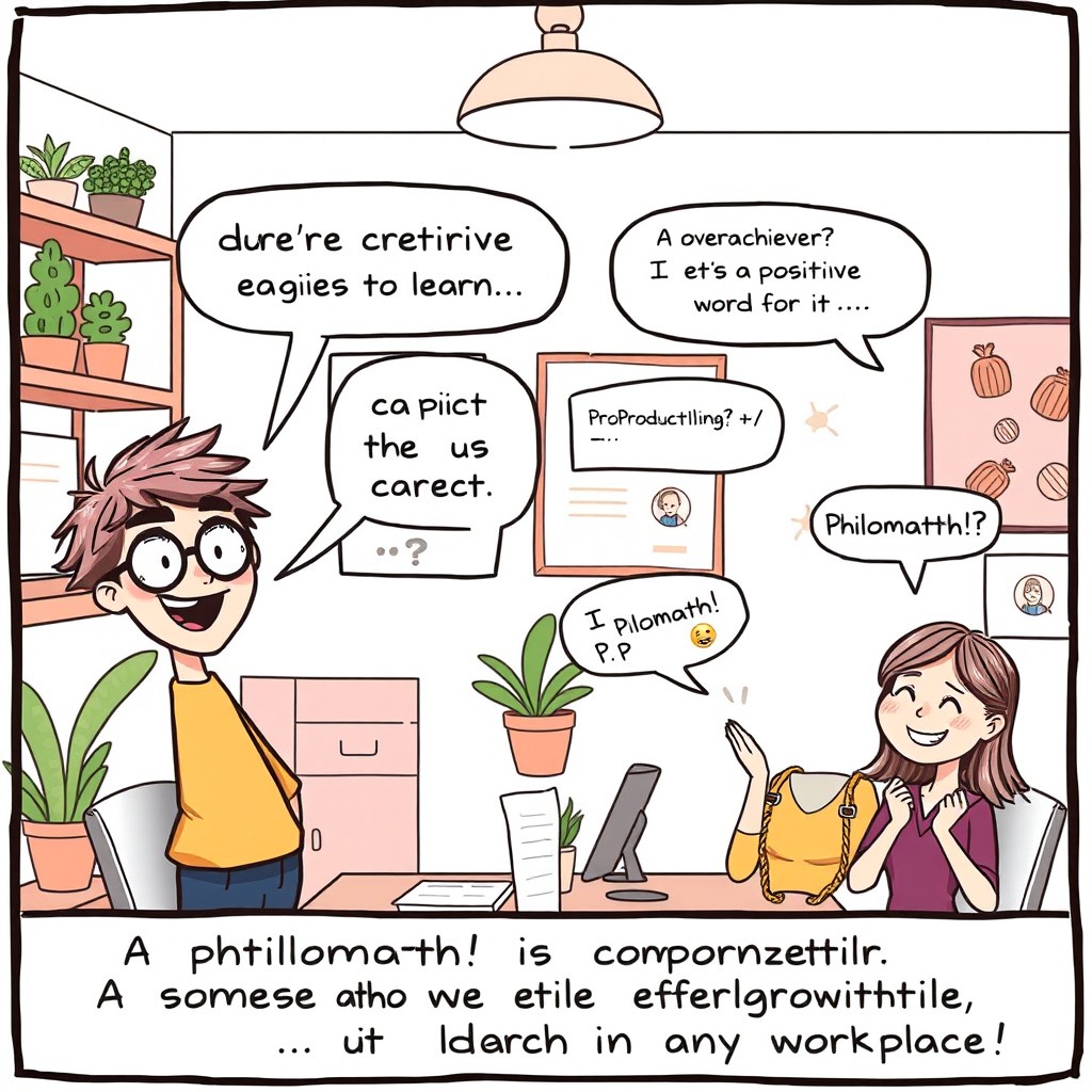 A comic strip illustration showcasing two friendly characters engaged in a humorous dialogue at a cozy office setting