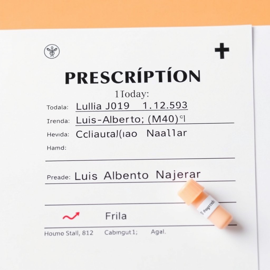 Prescription for medications dated today, featuring the address in Chihuahua, Chihuahua, with the name Luis Alberto Najera, presented in a formal prescription format