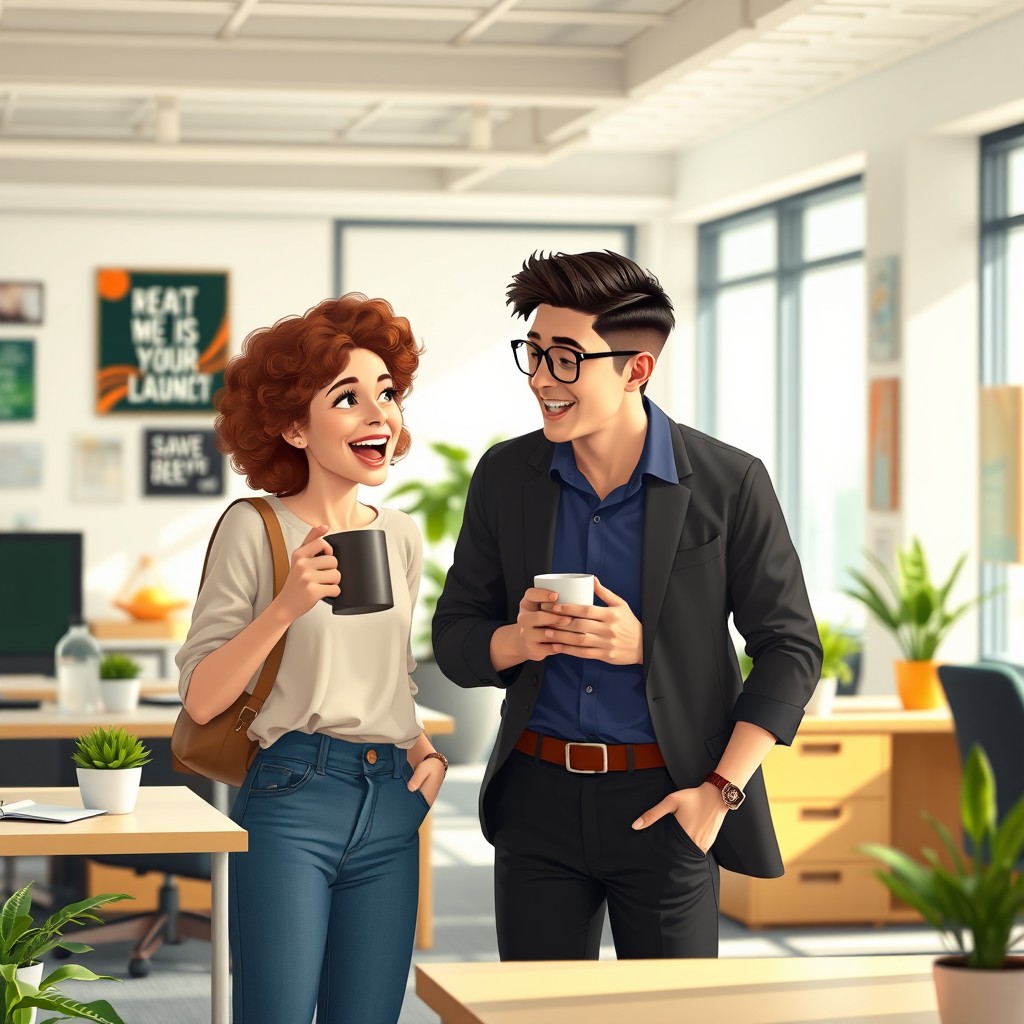 A lively office scene depicting two colleagues engaged in an animated conversation at a modern workspace