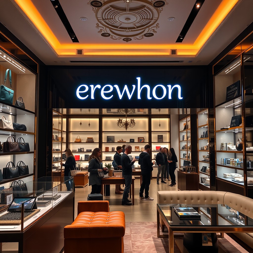 A luxurious high-quality shop interior in Poland, showcasing an array of premium products such as designer handbags, high-end electronics, and elegant home decor