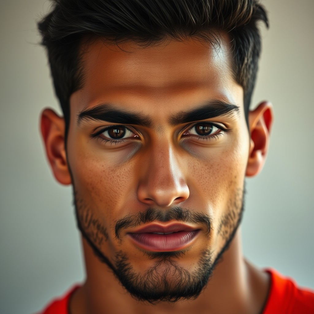 A close-up portrait of an 18-year-old Moroccan male athlete with dark hair and a hint of facial hair