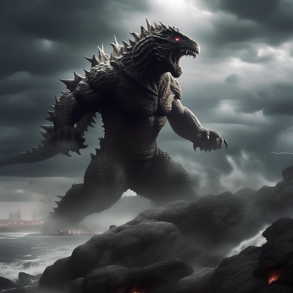 An ultra-realistic scene of a 19-year-old boy dressed in battle armor, engaging Godzilla in combat on a mountain near the sea. Wielding a thunder-generating sword, he fights in a storm with heavy rainfall, clouds and lightning.